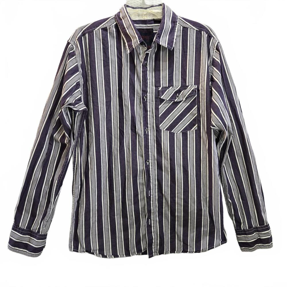 Esprit Men's XL Slim Fit Purple Striped Button Up Shirt Long Sleeve Roll Tab